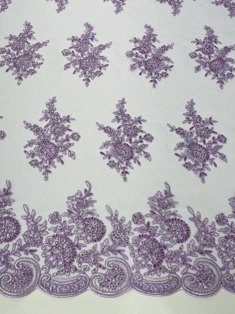 Floral Lace Flower Fabric - Lilac - Floral Embroidered Fabric with Sequins on Lace By Yard