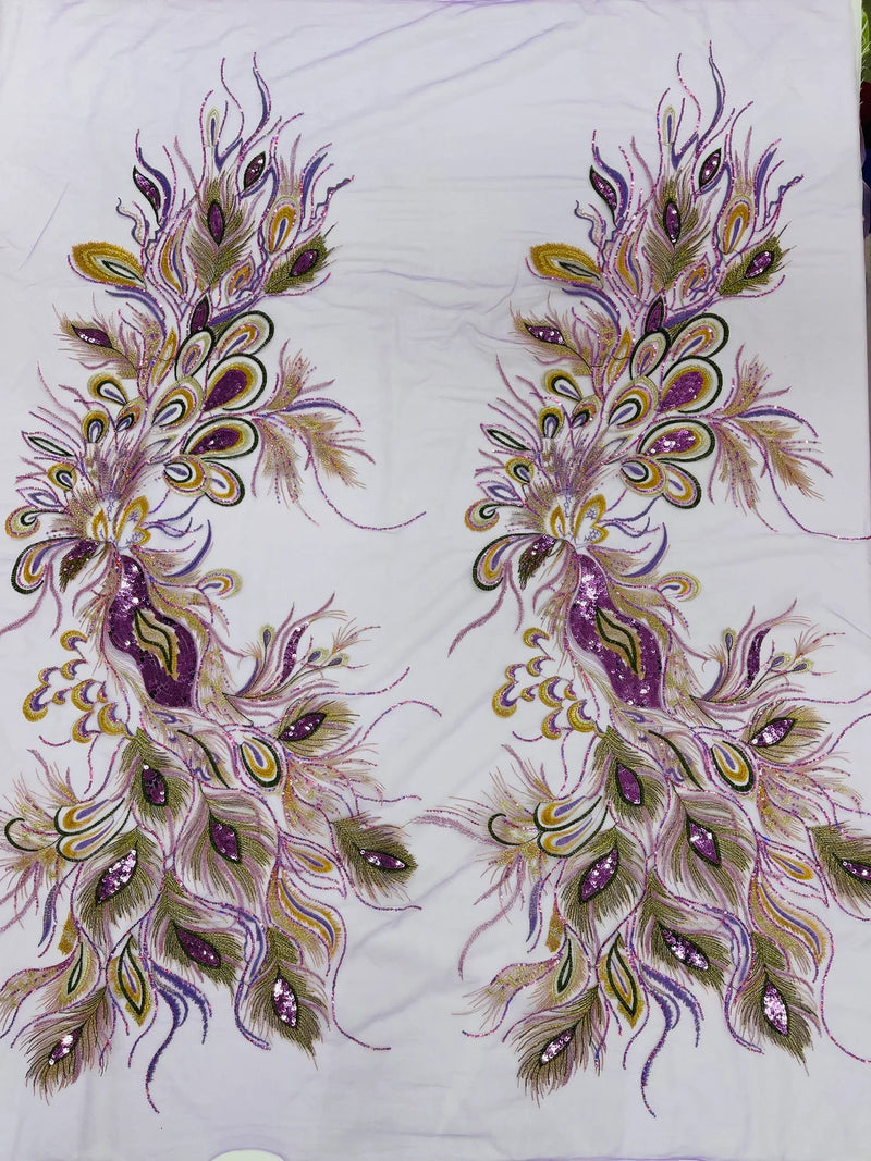 Peacock Feathers Lace Fabric - Lilac - Peacock Feather Design on Lace Mesh Fabric Sold by Panel