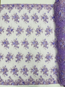 3D Flower Sequins Design - Lilac - Embroidered Pearl Sequins Floral Clusters Lace Fabric By Yard