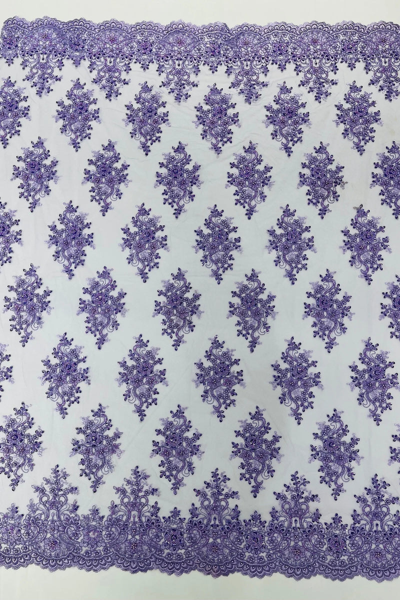 Floral Pearl Bead Fabric - Lilac - Flower Design with Beads and Sequins Fabric Sold By Yard