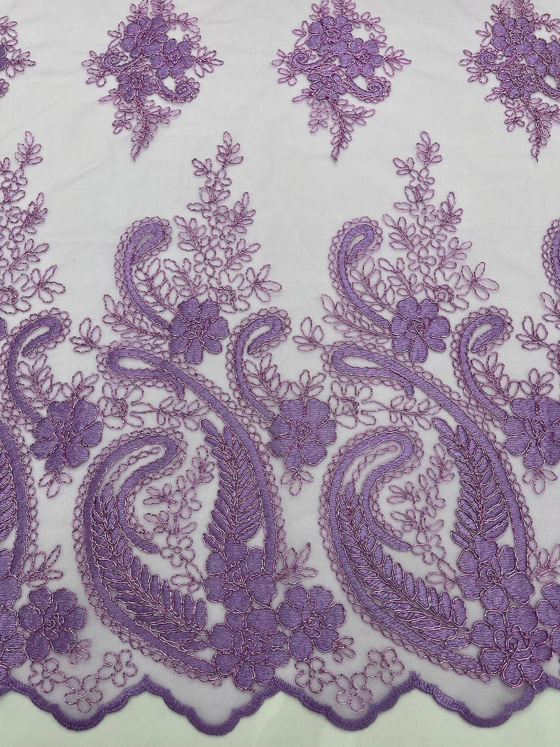 Metallic Corded Lace - Lilac - Paisley Floral Fabric with Metallic Thread on a Mesh Lace By Yard