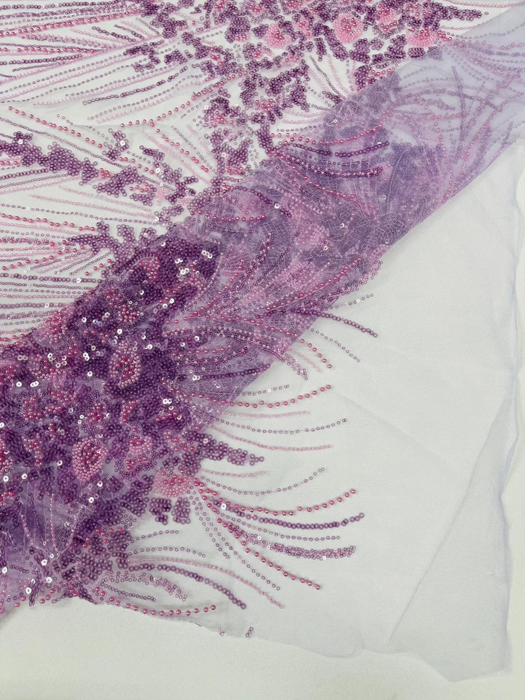 Beaded Floral Line Fabric - Lilac - Beaded Embroidered Lines and Flowers on Mesh By Yard