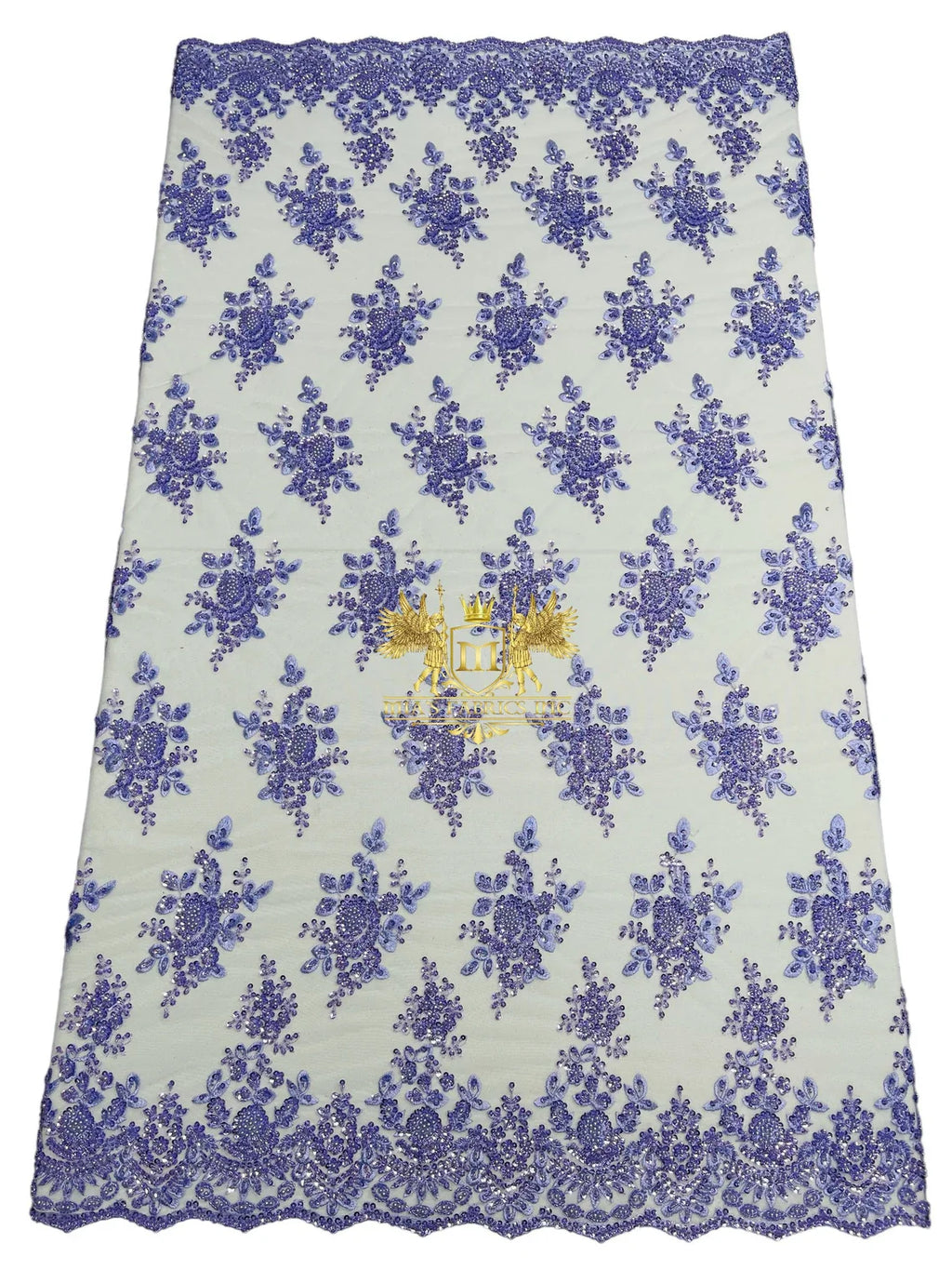 Floral Beaded Fabric - Lilac - Embroidered Beaded Flowers Cluster Design on a Mesh Sold By Yard