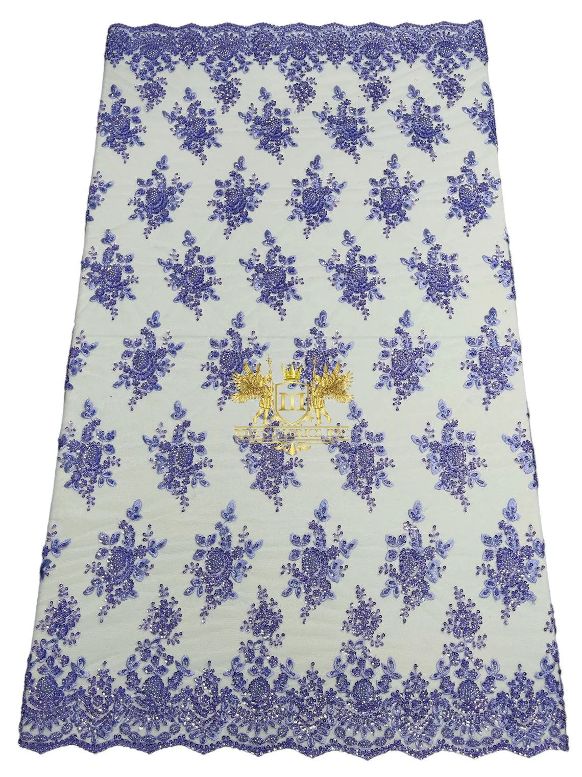 Floral Beaded Fabric - Lilac - Embroidered Beaded Flowers Cluster Design on a Mesh Sold By Yard