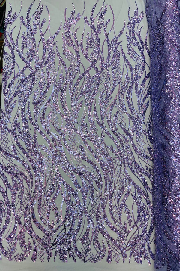 Floral Beaded Wavy Fabric - Lilac - Beaded Sequins Wavy Embroidered Fabric Sold By Yard