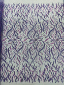 Wavy Leaf / Floral Bead Fabric - Lilac - Beaded Rhinestone Embroidered on a Mesh By Yard