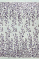 3D Flower Rhinestone Design - Lilac - Embroidered Flower Sequins Lace Fabric By Yard