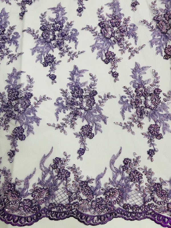 Floral Leaf Beaded Fabric - Lilac - Embroidered Flower Leaf Design Beaded Fabric By Yard