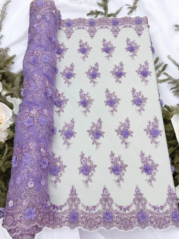 3D Floral Pearl Design - Lilac - Floral Embroidered Pearls and Sequins Fabric By Yard