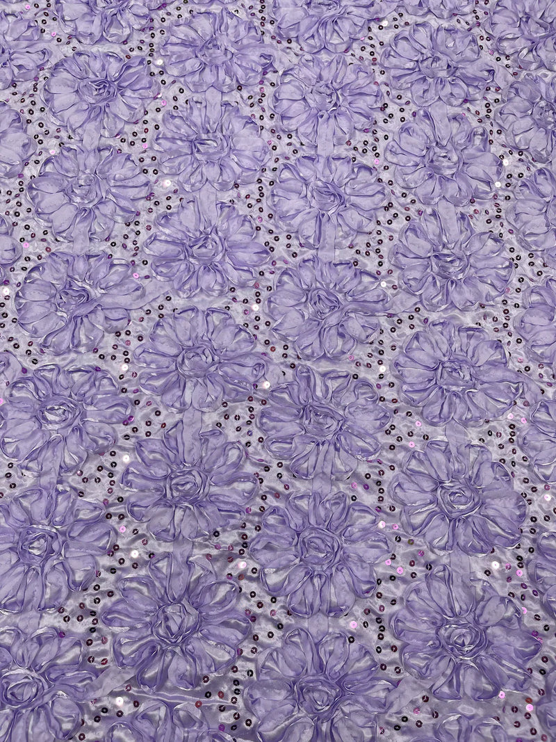 Satin Rosette Sequins Fabric - Lilac - 3D Rosette Satin Rose Fabric with Sequins By Yard
