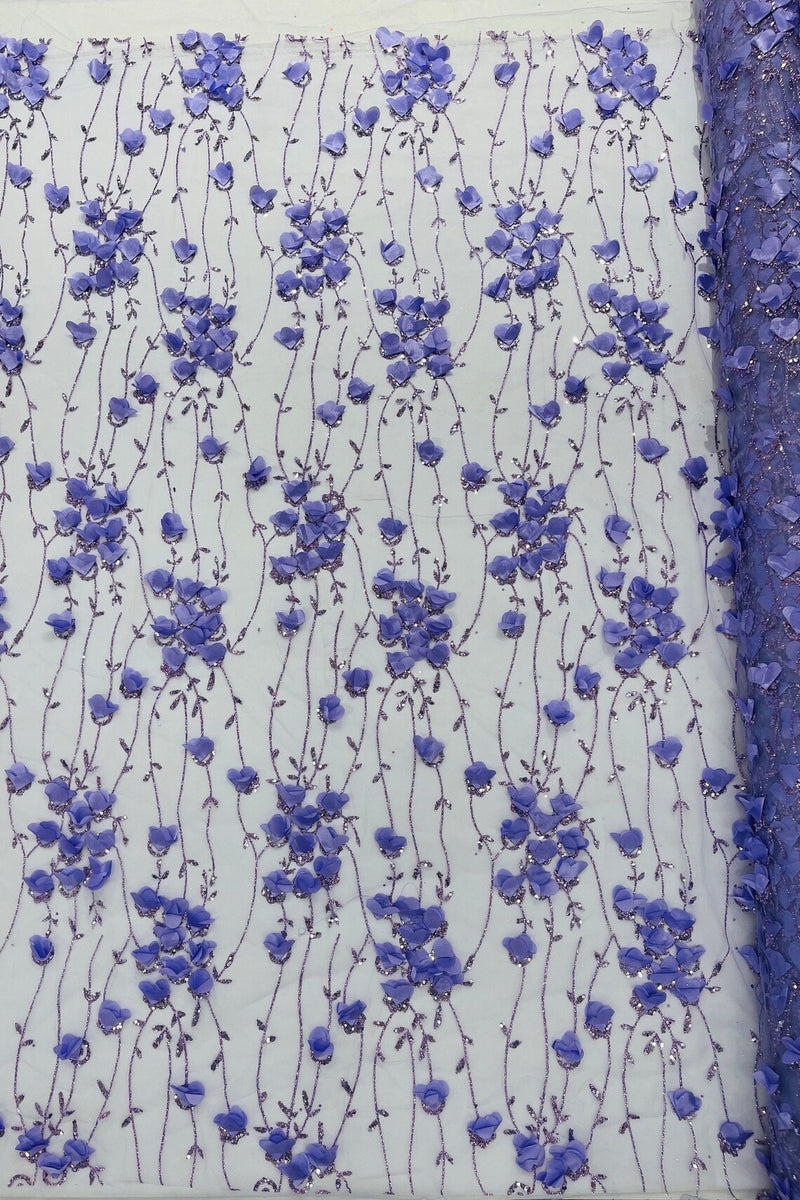 3D Glitter Floral Fabric - Lilac - 3D Flowers with Sequins and Glitter on Mesh Sold By Yard