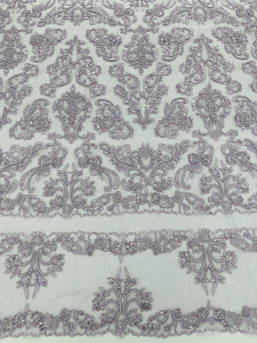 Beaded My Lady Damask Design - Lilac - Beaded Fancy Damask Embroidered Fabric By Yard
