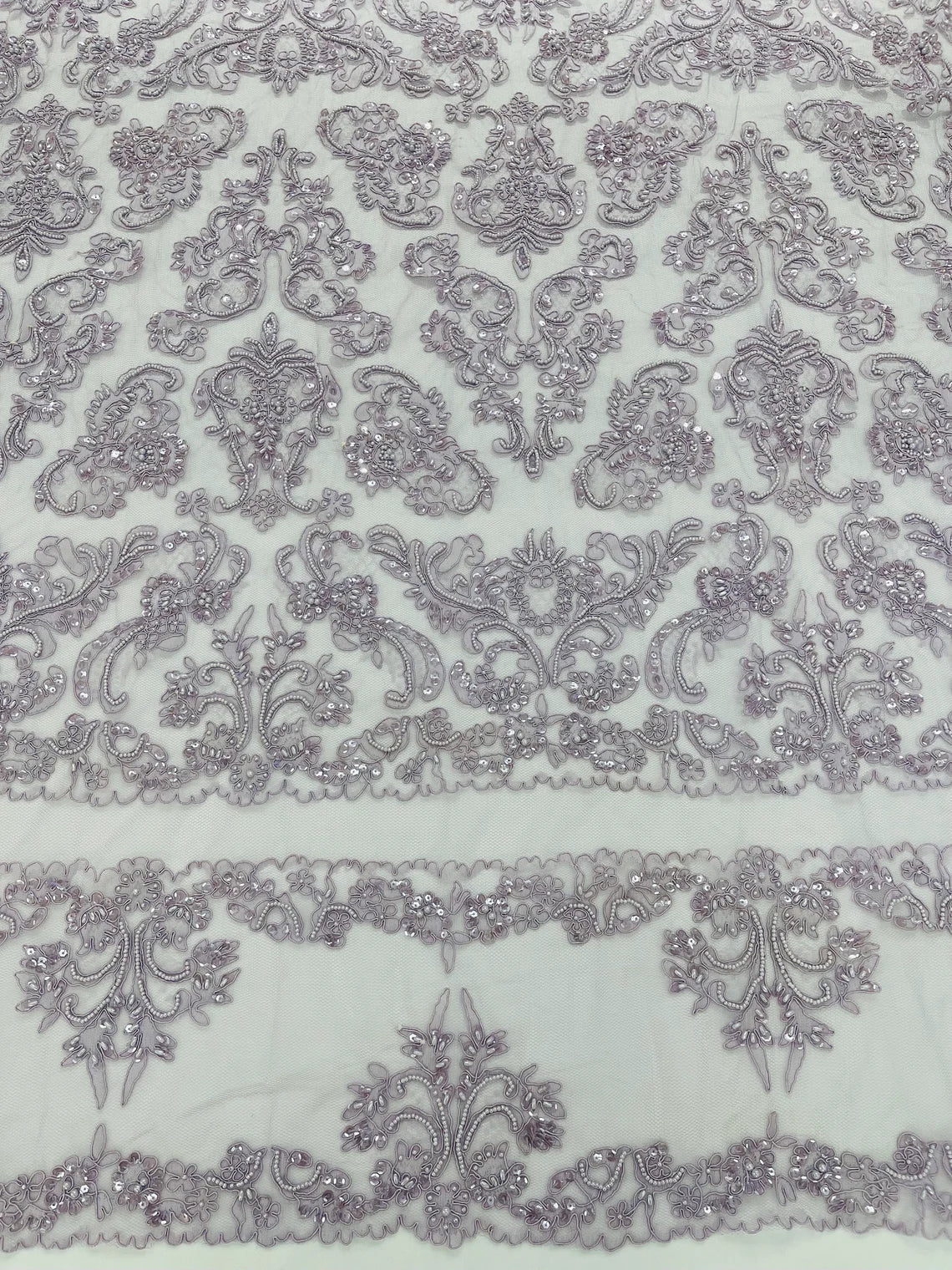 Beaded My Lady Damask Design - Lilac - Beaded Fancy Damask Embroidered Fabric By Yard