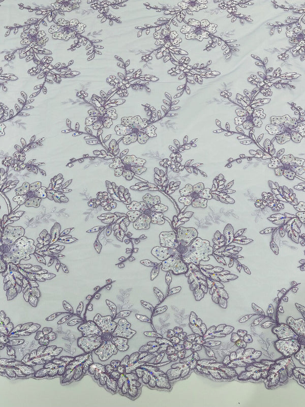 Two Tone Lace Floral Fabric - Lilac - Embroidered Flower Designs with Sequins on Lace Fabric Sold By Yard