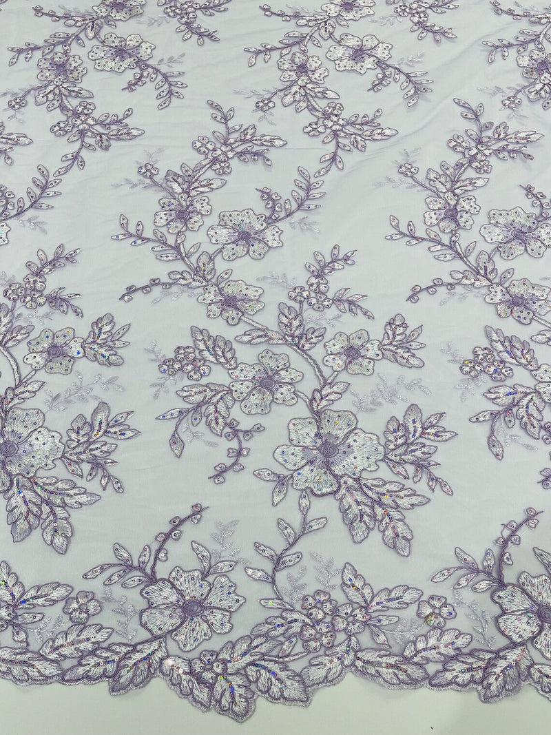 Two Tone Lace Floral Fabric - Lilac - Embroidered Flower Designs with Sequins on Lace Fabric Sold By Yard