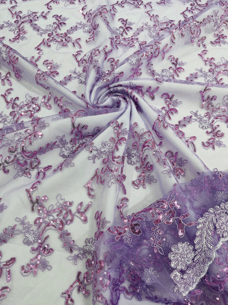 Floral Sequins Lace Fabric - Lilac - Embroidery Flower Clusters Design with Shiny Sequins  Fabric Sold By Yard