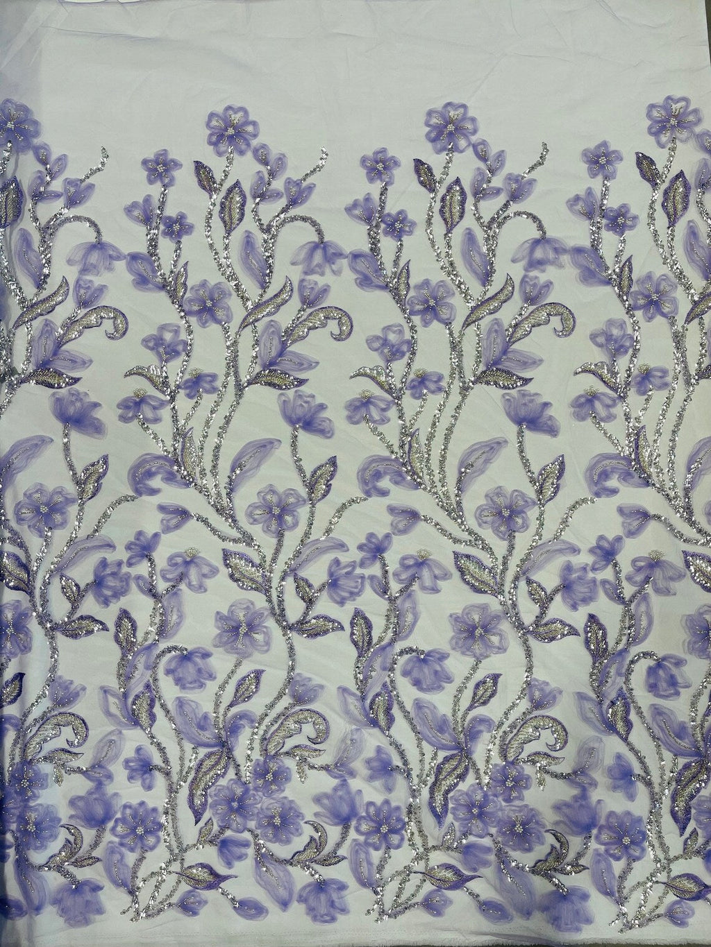 3D Tulle Flower Bead Fabric - Lilac - Mesh Flower Plant Design with Beads By Yard
