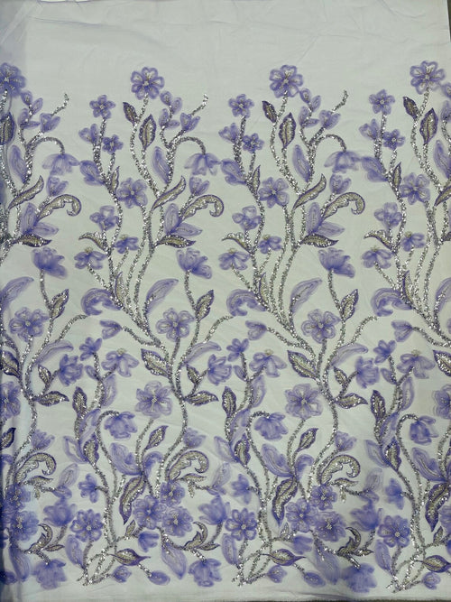3D Tulle Flower Bead Fabric - Lilac - Mesh Flower Plant Design with Beads By Yard
