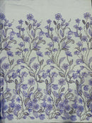 3D Tulle Flower Bead Fabric - Lilac - Mesh Flower Plant Design with Beads By Yard