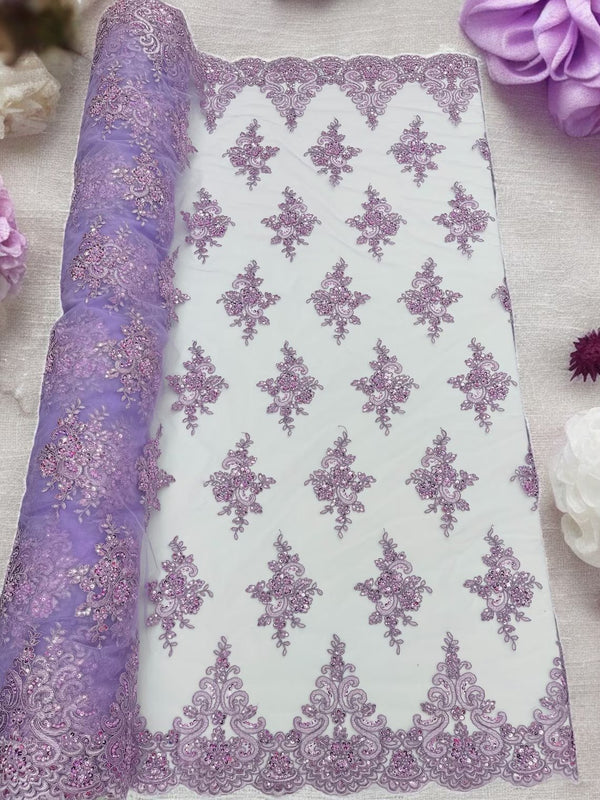 Beaded Floral Fabric - Lilac - Floral Cluster Design Fabric with Damask Border by Yard