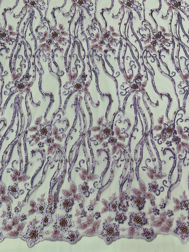 Small Flower Bead Fabric - Lilac - Beaded Flower Fabric with Curled Lines Design By Yard