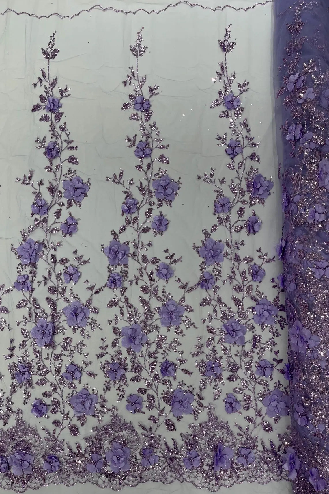 3D Big Flower Glitter Fabric - Lilac - Floral Glitter Sequin Design on Lace Mesh Fabric by Yard
