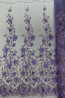 3D Big Flower Glitter Fabric - Lilac - Floral Glitter Sequin Design on Lace Mesh Fabric by Yard