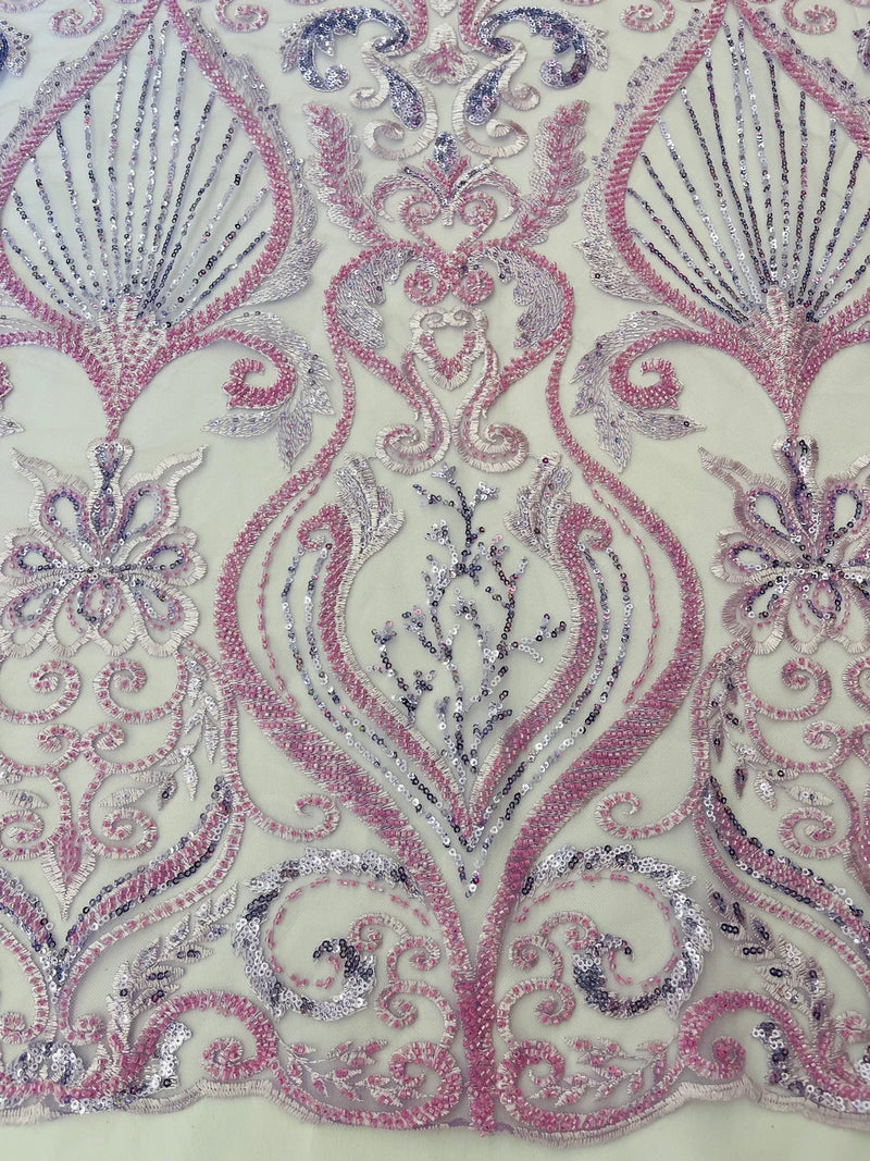 Damask Leaf Bead Fabric - Lilac - Heavy Beaded Embroidered Sequins Lace Fabric by Yard