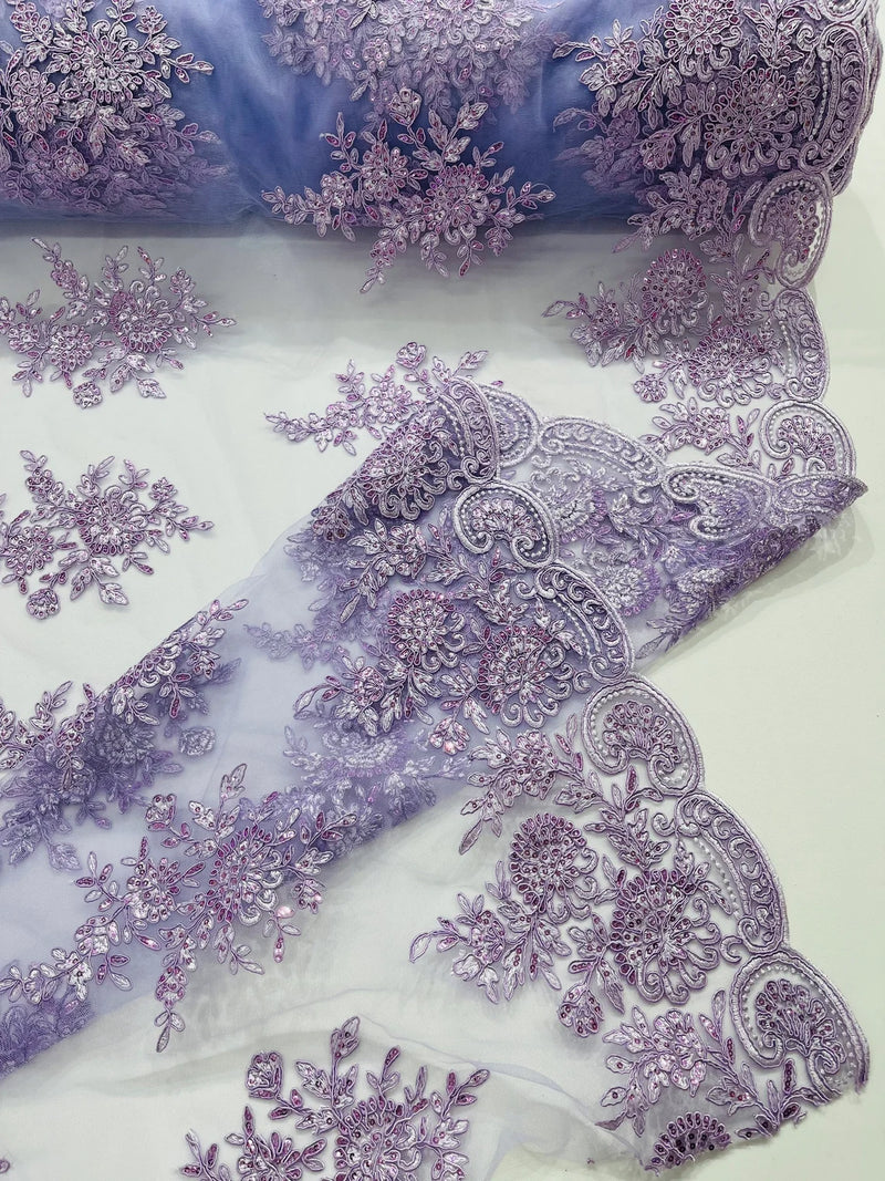 Floral Lace Flower Fabric - Lilac - Floral Embroidered Fabric with Sequins on Lace By Yard