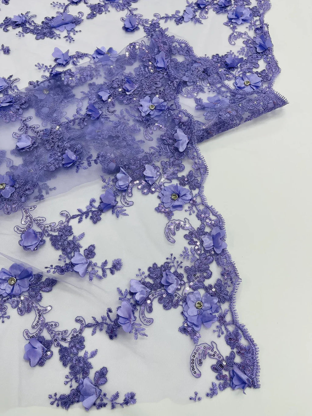 3D Lace Flower Fabric - Lilac - Embroidered Sequins and 3D Floral Patterns on Lace By Yard