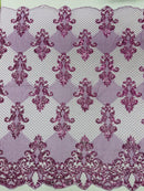 King Damask Design Fabric - Lilac - Embroidered Corded Mesh Lace Fabric with Sequins By Yard