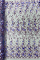 3D Glitter Floral Design Fabric - Lilac - Floral Line Design Embroidered Sequins Fabric by Yard