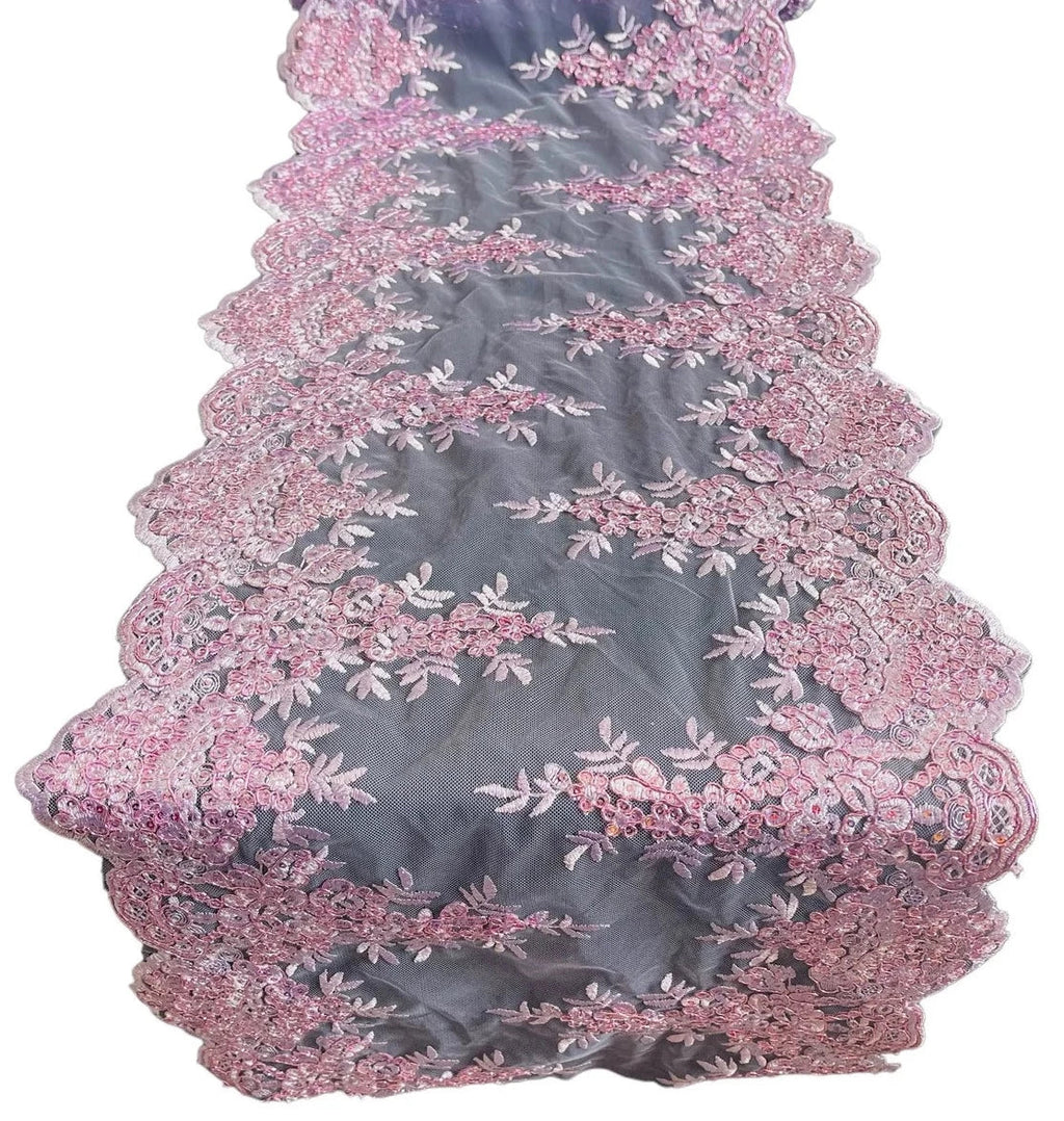 14" Metallic Flower Lace Table Runner - Lilac - Floral Runner for Event Decor Sold By The Yard