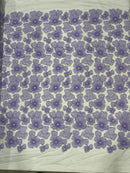3D Tulle Floral Fabric - Lilac - Flowers Made on Mesh with Small Pearls and Beads Sold By Yard