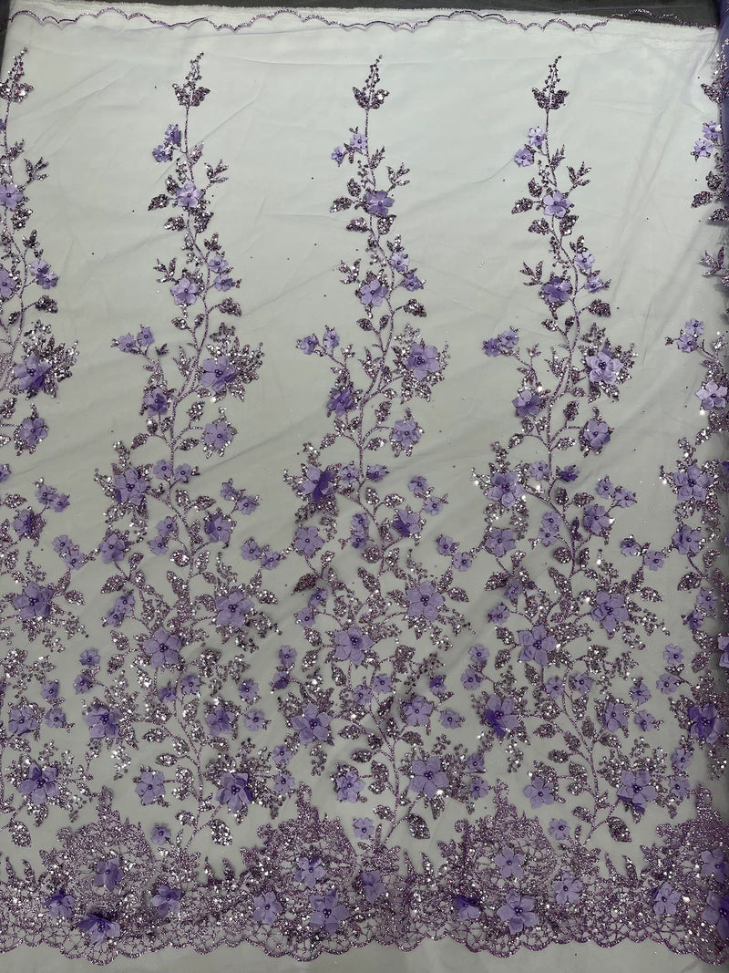 3D Flower Glitter Fabric - Lilac - Floral Glitter Sequin Design on Lace Mesh Fabric by Yard