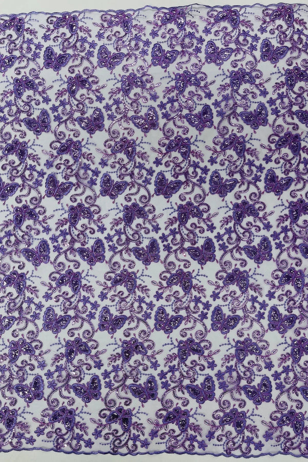 Butterfly Swirl Lace Fabric - Lilac - Metallic Sequins Design on Lace Fabric By Yard