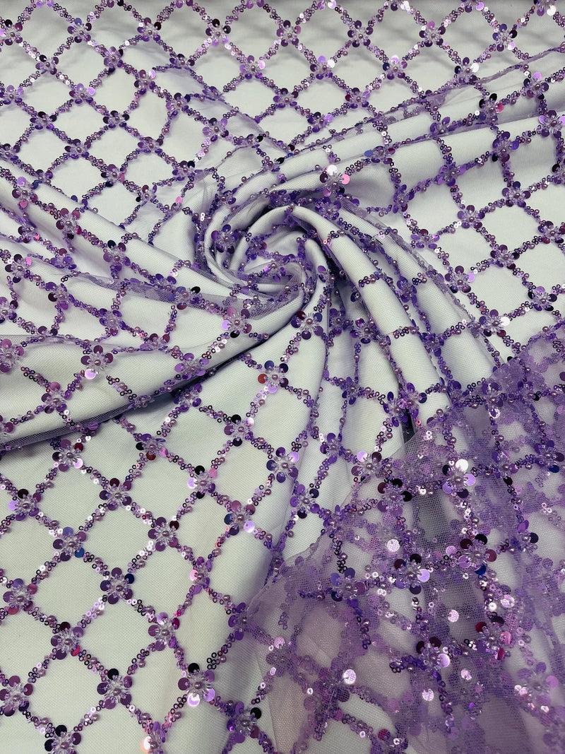 Beaded Diamond Net Fabric - Lilac - Embroidered Geometric Beaded Sequins Fabric Sold By Yard