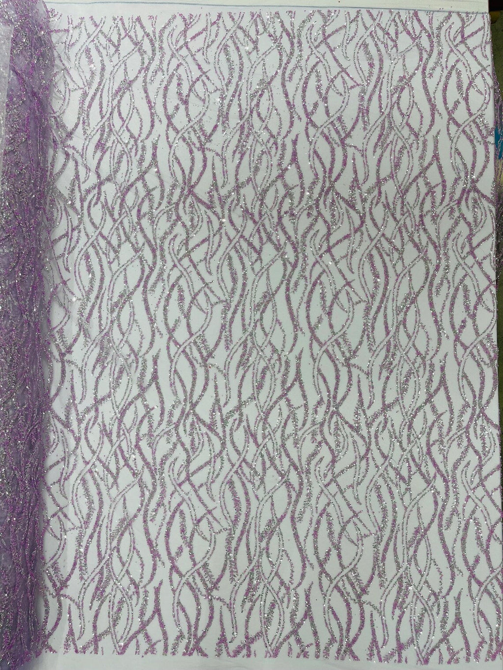 Glitter Wavy Bead Fabric - Lilac - Sequins, Bead, Glitter Design on Lace Fabric By Yard