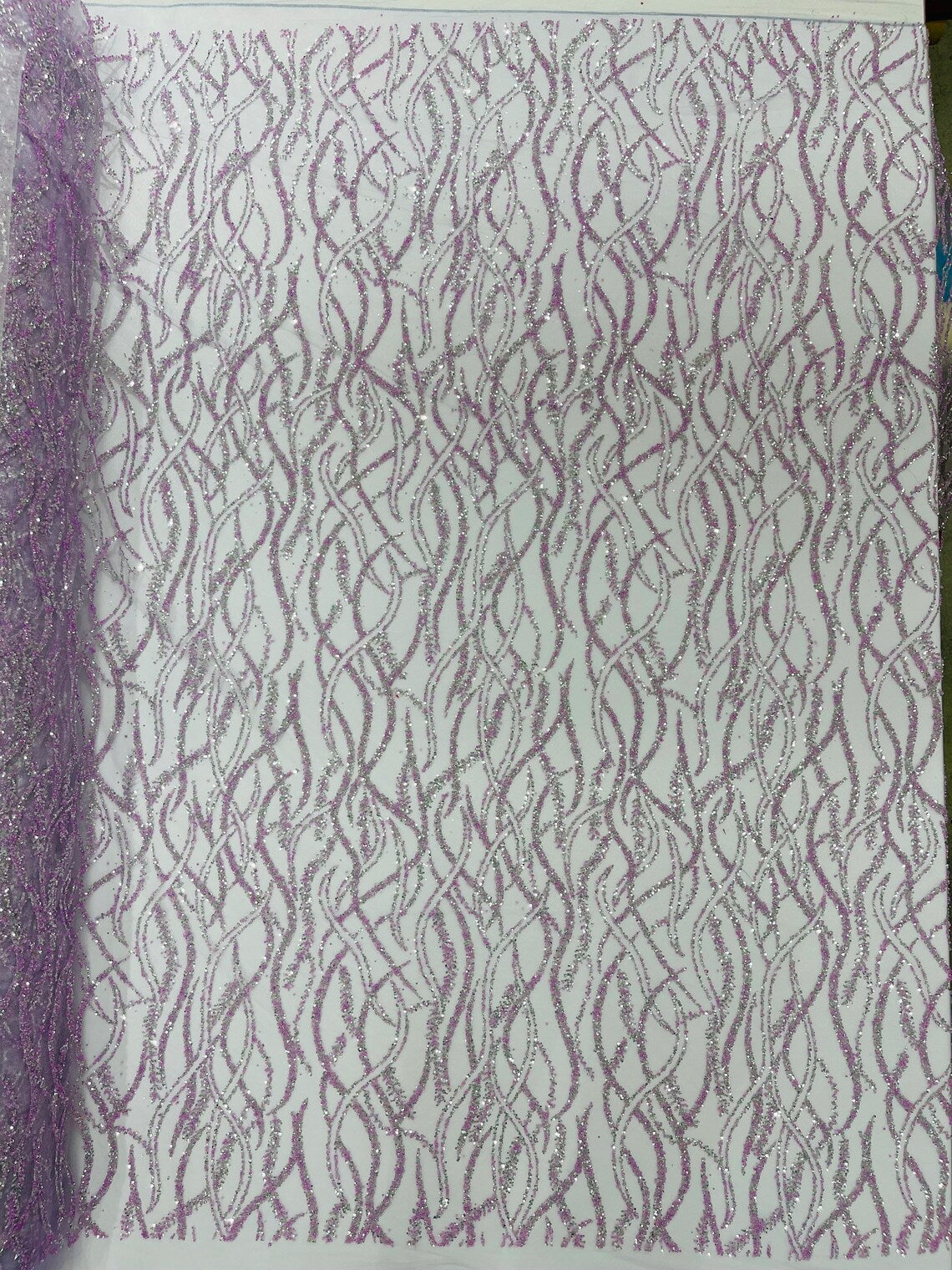 Glitter Wavy Bead Fabric - Lilac - Sequins, Bead, Glitter Design on Lace Fabric By Yard