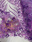 Fancy Wavy Leaf Bead Fabric - Lilac - Leaf Line Beaded Design Embroidered Mesh By Yard