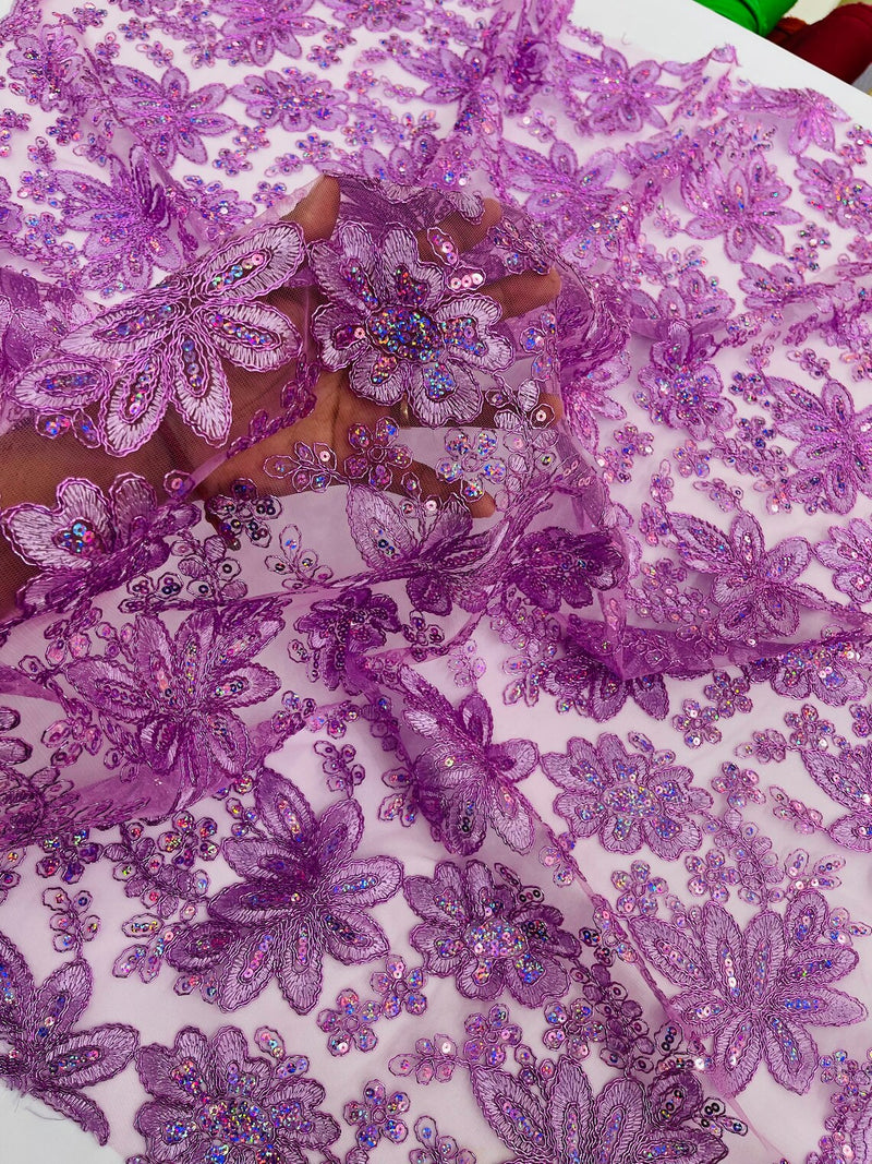 Corded Lace Floral Fabric - Lilac - Hologram Sequins Metallic Thread Floral Fabric by Yard