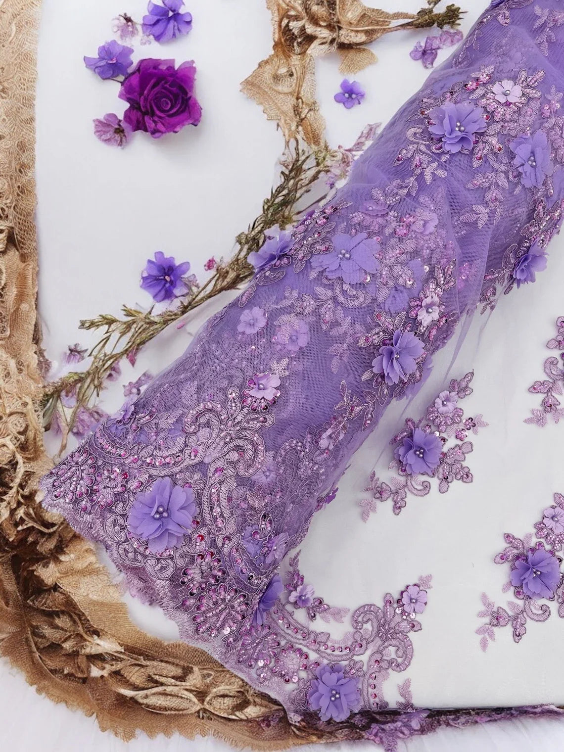 3D Floral Pearl Design - Lilac - Floral Embroidered Pearls and Sequins Fabric By Yard