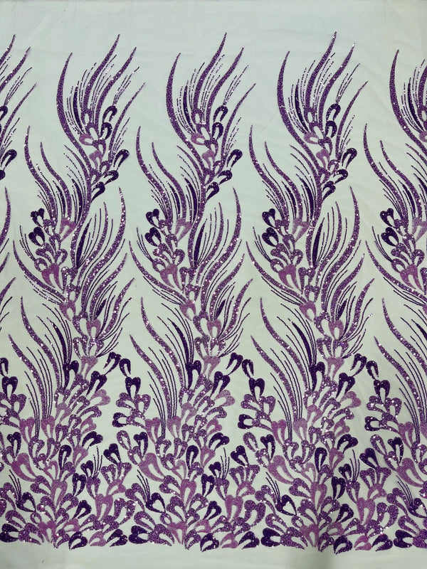 Fancy Wavy Leaf Bead Fabric - Lilac - Leaf Line Beaded Design Embroidered Mesh By Yard