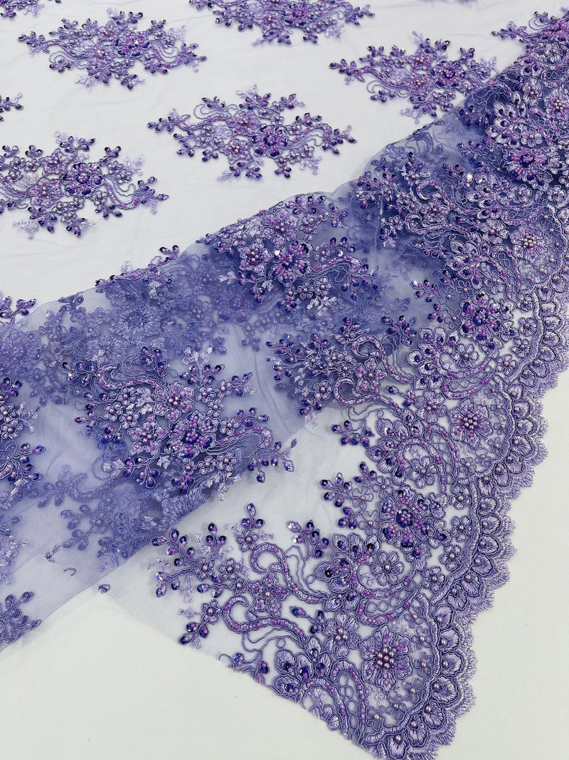 Floral Pearl Bead Fabric - Lilac - Flower Design with Beads and Sequins Fabric Sold By Yard