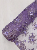 3D Flower Sequins Design - Lilac - Embroidered Pearl Sequins Floral Clusters Lace Fabric By Yard