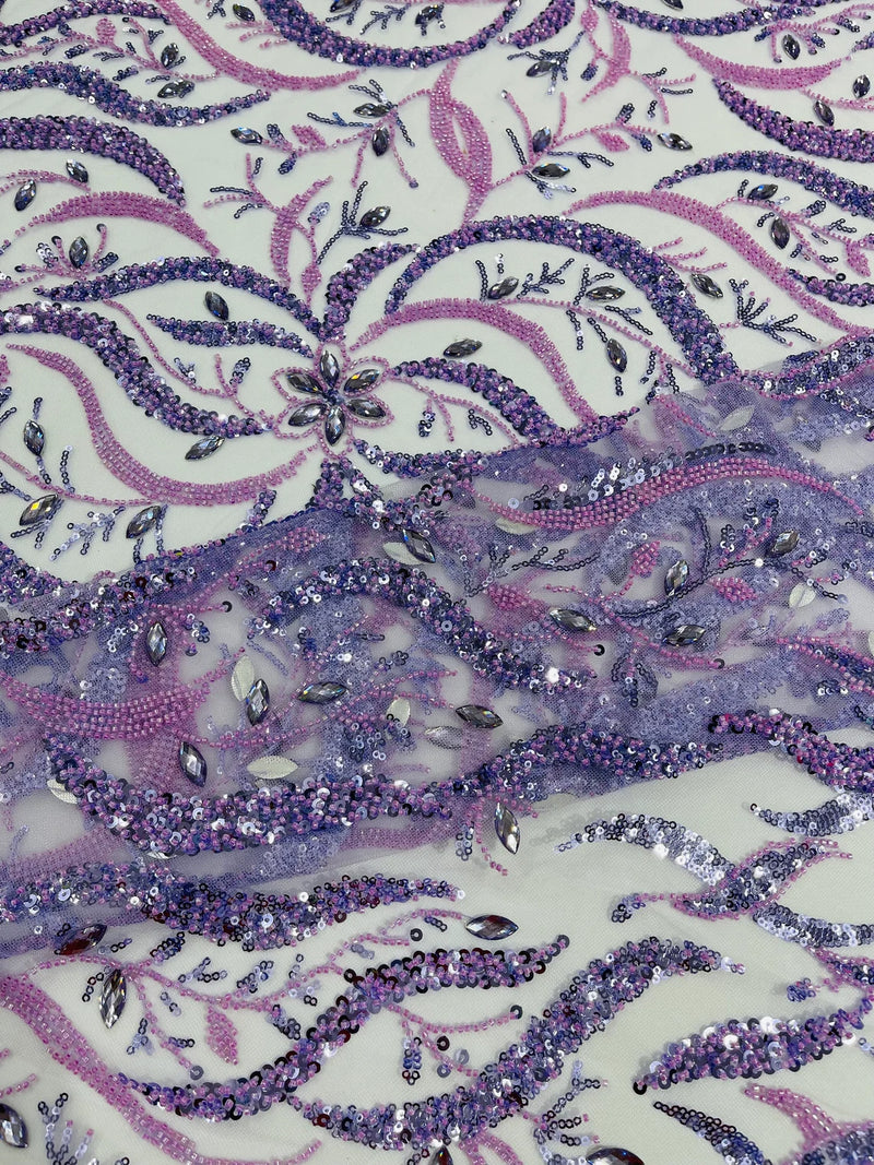 Wavy Leaf / Floral Bead Fabric - Lilac - Beaded Rhinestone Embroidered on a Mesh By Yard