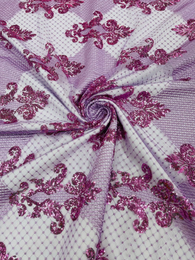 King Damask Design Fabric - Lilac - Embroidered Corded Mesh Lace Fabric with Sequins By Yard