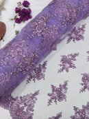 Beaded Floral Fabric - Lilac - Floral Cluster Design Fabric with Damask Border by Yard
