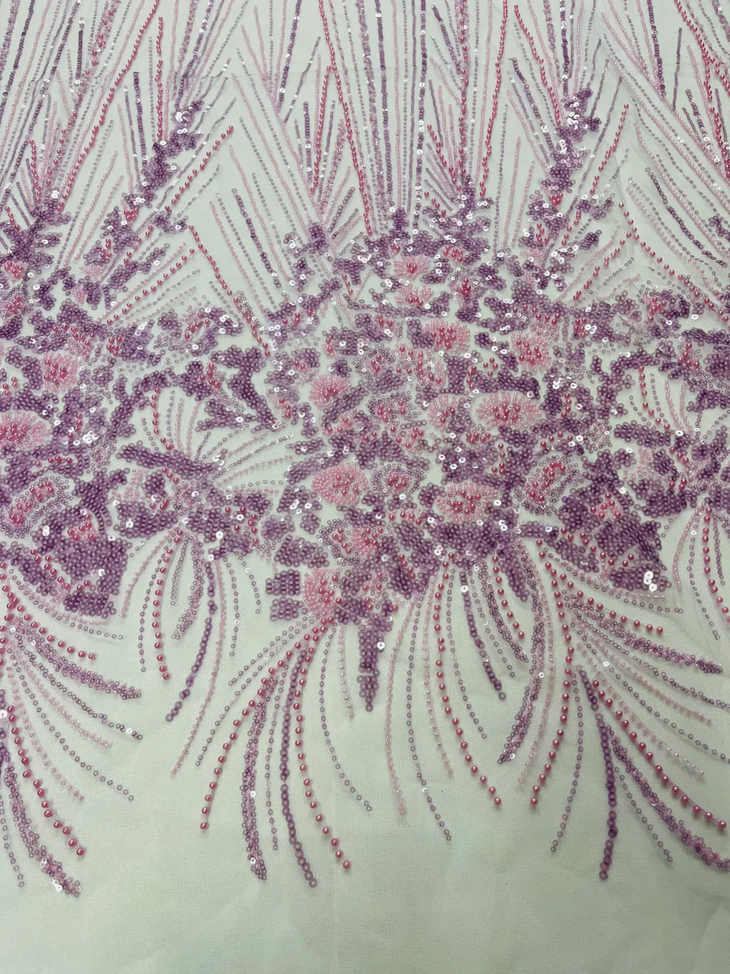 Beaded Floral Line Fabric - Lilac - Beaded Embroidered Lines and Flowers on Mesh By Yard