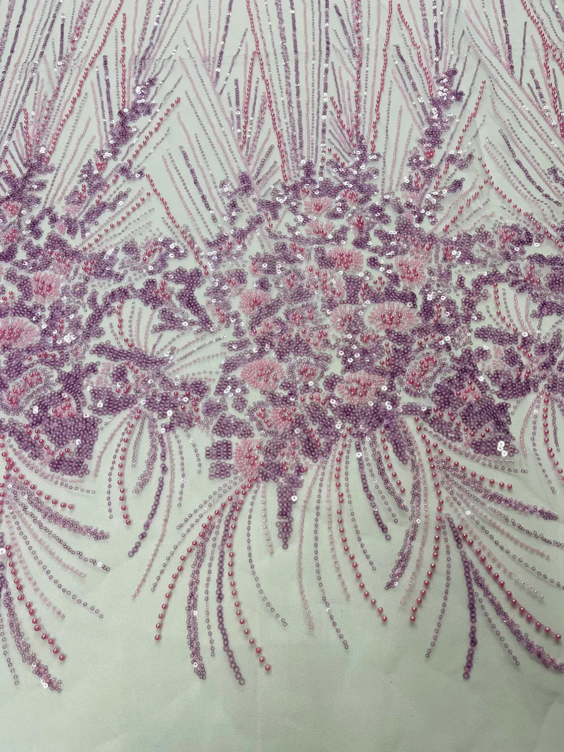 Beaded Floral Line Fabric - Lilac - Beaded Embroidered Lines and Flowers on Mesh By Yard